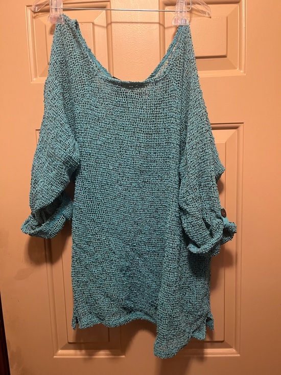 Frazzle Tops - Women's Teal Open-Weave Button Tab Sleeve Sweater